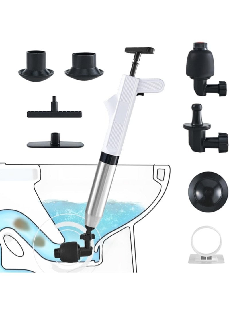 9PCS Toilet Air Plunger Kit, Stainless Steel High Pressure Drain Blaster, Pipe Clog Remover for Bathroom Sink Kitchen Toilet Blocked Pipes (White) - Image 1